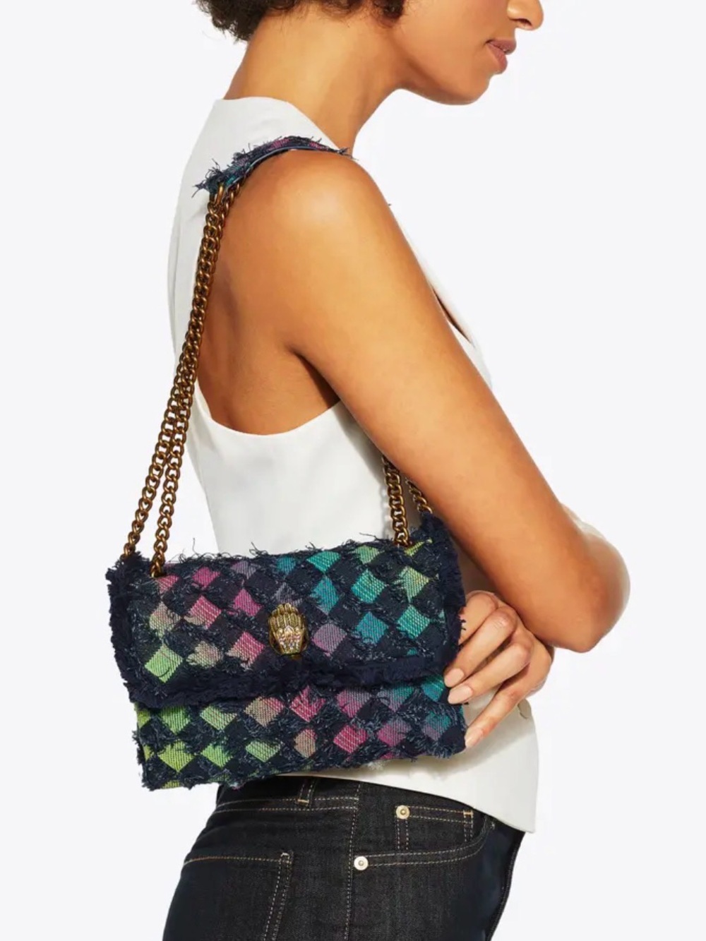 Kurt Geiger Fringed Multi-Tone denim Chain Crossbody Bag - Picture 9 of 11